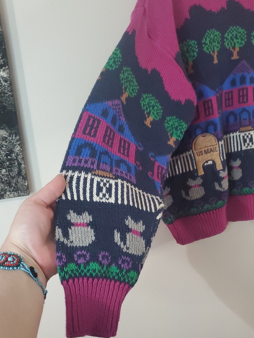 Vintage 80s Sutton Place Cats Village Motif Women’s Sweater Novelty - Picture 4 of 11